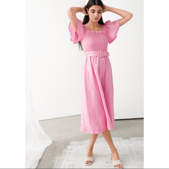 & Other Stories Dresses & Skirts - & Other Stories Pink Smocked Linen Midi Dress 4